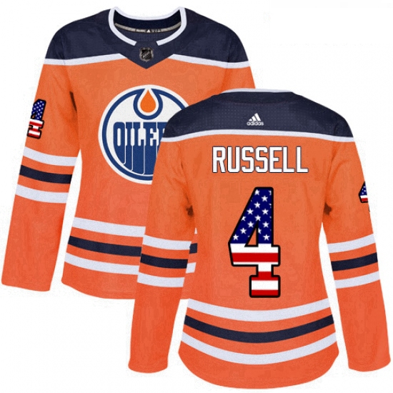 Womens Adidas Edmonton Oilers 4 Kris Russell Authentic Orange USA Flag Fashion NHL Jersey