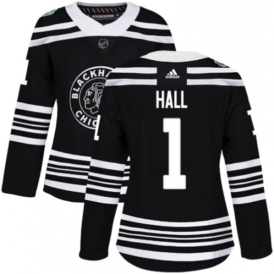 Womens Adidas Chicago Blackhawks 1 Glenn Hall Authentic Black 2019 Winter Classic NHL Jersey