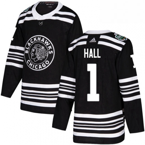 Mens Adidas Chicago Blackhawks 1 Glenn Hall Authentic Black 2019 Winter Classic NHL Jersey