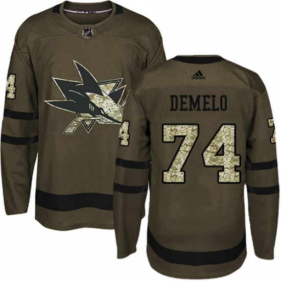 Mens Adidas San Jose Sharks 74 Dylan DeMelo Authentic Green Salute to Service NHL Jersey