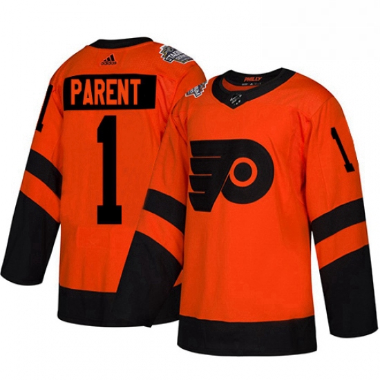 Mens Adidas Philadelphia Flyers 1 Bernie Parent Orange Authentic 2019 Stadium Series Stitched NHL Je