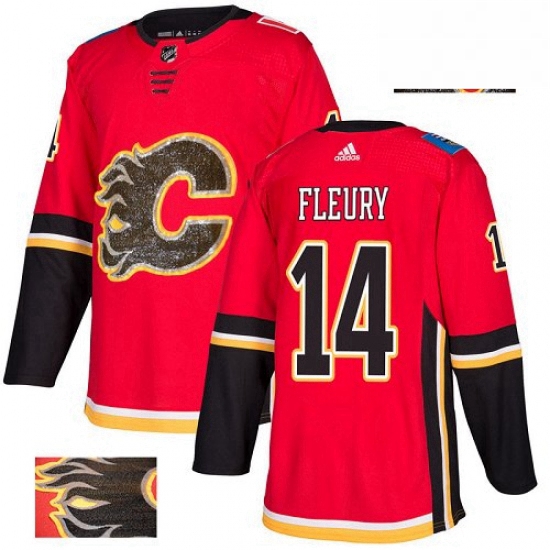 Mens Adidas Calgary Flames 14 Theoren Fleury Authentic Red Fashion Gold NHL Jersey