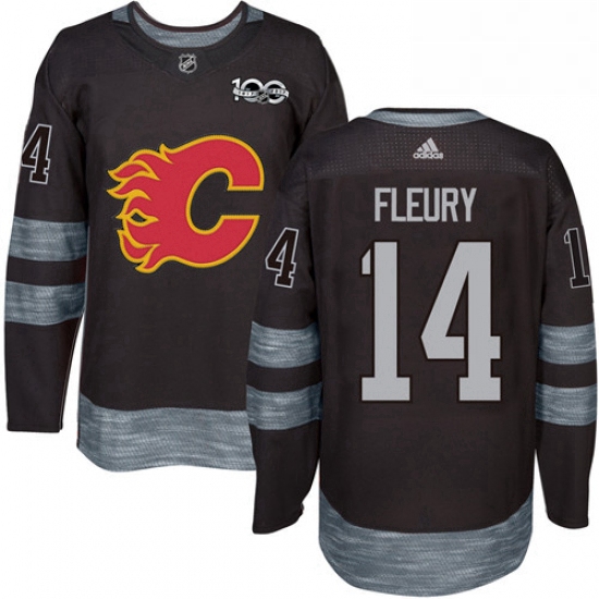 Mens Adidas Calgary Flames 14 Theoren Fleury Authentic Black 1917 2017 100th Anniversary NHL Jersey