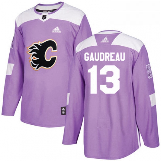 Mens Adidas Calgary Flames 13 Johnny Gaudreau Authentic Purple Fights Cancer Practice NHL Jersey