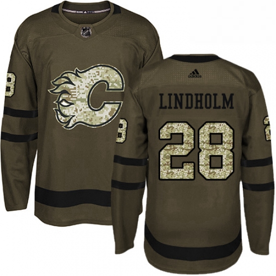 Mens Adidas Calgary Flames 28 Elias Lindholm Green Salute to Service Stitched NHL Jersey