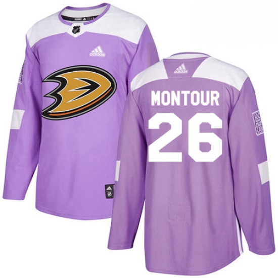 Mens Adidas Anaheim Ducks 26 Brandon Montour Authentic Purple Fights Cancer Practice NHL Jersey