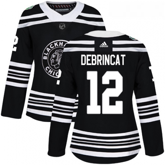 Womens Adidas Chicago Blackhawks 12 Alex DeBrincat Authentic Black 2019 Winter Classic NHL Jersey