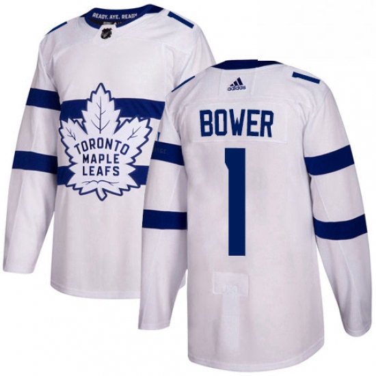 Mens Adidas Toronto Maple Leafs 1 Johnny Bower Authentic White 2018 Stadium Series NHL Jersey