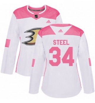 Womens Adidas Anaheim Ducks 34 Sam Steel Authentic WhitePink Fashion NHL Jersey