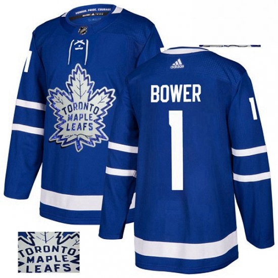 Mens Adidas Toronto Maple Leafs 1 Johnny Bower Authentic Royal Blue Fashion Gold NHL Jersey