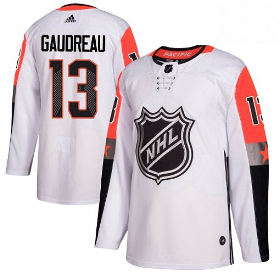 Mens Adidas Calgary Flames 13 Johnny Gaudreau Authentic White 2018 All Star Pacific Division NHL Jer