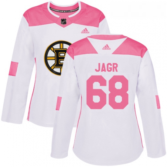 Womens Adidas Boston Bruins 68 Jaromir Jagr Authentic WhitePink Fashion NHL Jersey