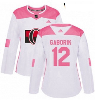 Womens Adidas Ottawa Senators 12 Marian Gaborik Authentic White Pink Fashion NHL Jersey