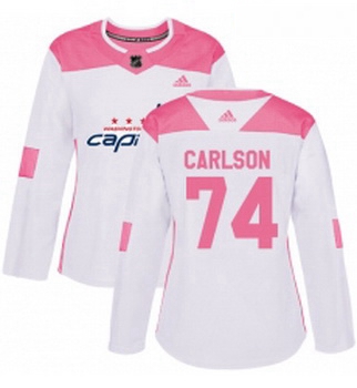 Womens Adidas Washington Capitals 74 John Carlson Authentic WhitePink Fashion NHL Jersey