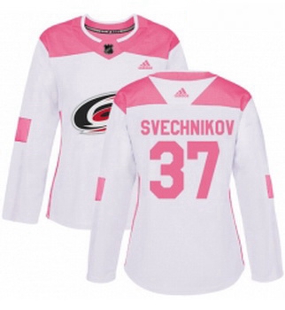 Womens Adidas Carolina Hurricanes 37 Andrei Svechnikov Authentic White Pink Fashion NHL Jersey