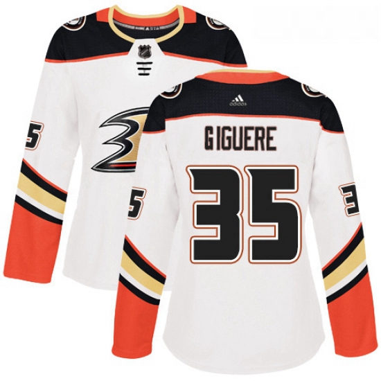 Womens Adidas Anaheim Ducks 35 Jean Sebastien Giguere Authentic White Away NHL Jersey