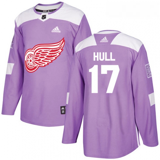 Youth Adidas Detroit Red Wings 17 Brett Hull Authentic Purple Fights Cancer Practice NHL Jersey