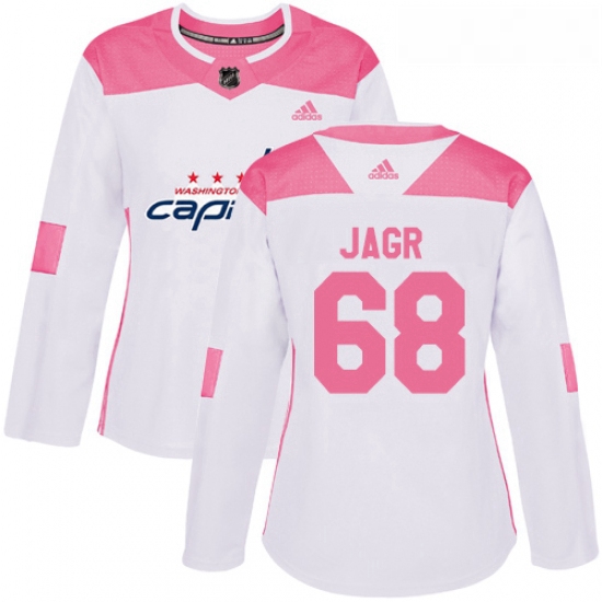 Womens Adidas Washington Capitals 68 Jaromir Jagr Authentic WhitePink Fashion NHL Jersey