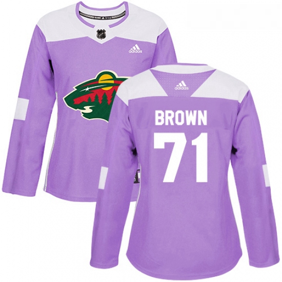 Womens Adidas Minnesota Wild 71 J T Brown Authentic Purple Fights Cancer Practice NHL Jerse