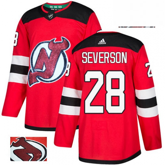 Mens Adidas New Jersey Devils 28 Damon Severson Authentic Red Fashion Gold NHL Jersey