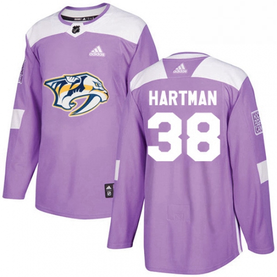 Mens Adidas Nashville Predators 38 Ryan Hartman Authentic Purple Fights Cancer Practice NHL Jersey