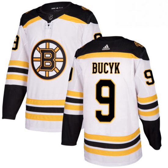 Mens Adidas Boston Bruins 9 Johnny Bucyk Authentic White Away NHL Jersey