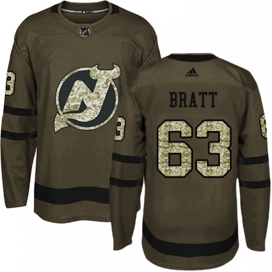 Mens Adidas New Jersey Devils 63 Jesper Bratt Authentic Green Salute to Service NHL Jersey