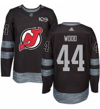 Mens Adidas New Jersey Devils 44 Miles Wood Authentic Black 1917 2017 100th Anniversary NHL Jersey