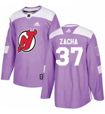 Mens Adidas New Jersey Devils 37 Pavel Zacha Authentic Purple Fights Cancer Practice NHL Jersey