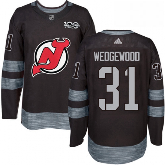 Mens Adidas New Jersey Devils 31 Scott Wedgewood Authentic Black 1917 2017 100th Anniversary NHL Jer