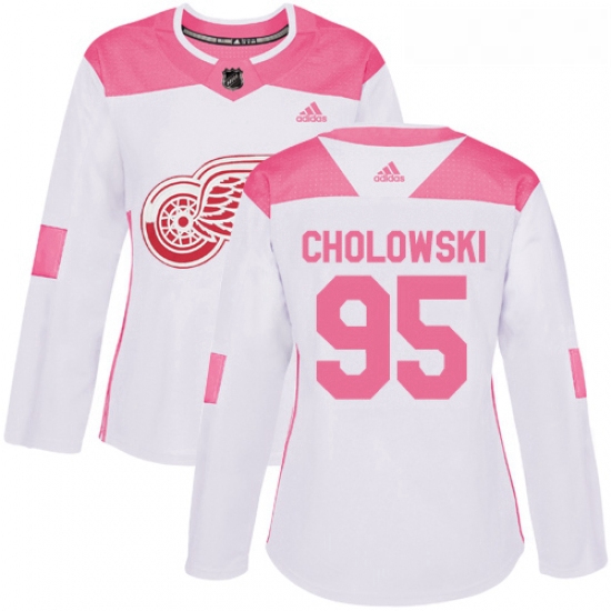 Womens Adidas Detroit Red Wings 95 Dennis Cholowski Authentic WhitePink Fashion NHL Jersey