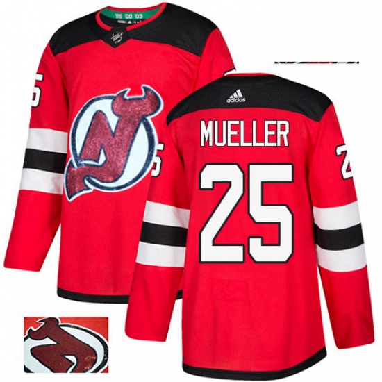 Mens Adidas New Jersey Devils 25 Mirco Mueller Authentic Red Fashion Gold NHL Jersey