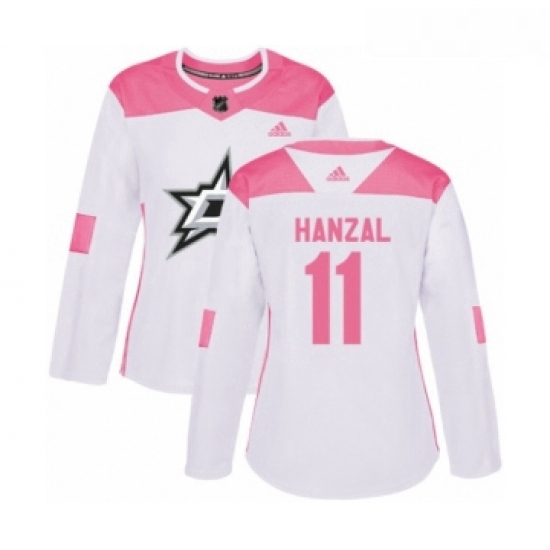 Womens Adidas Dallas Stars 11 Martin Hanzal Authentic White Pink Fashion NHL Jersey