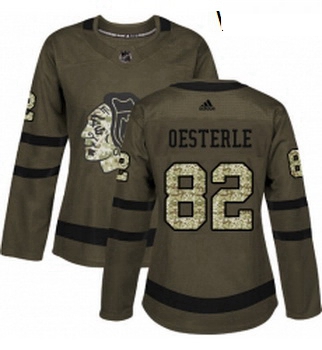 Womens Adidas Chicago Blackhawks 82 Jordan Oesterle Authentic Green Salute to Service NHL Jersey