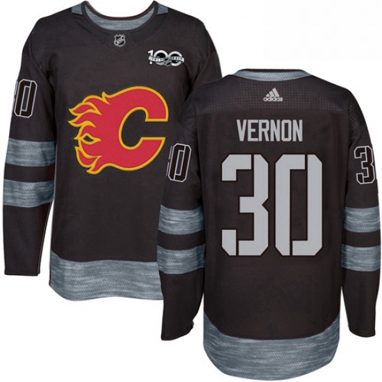 Mens Adidas Calgary Flames 30 Mike Vernon Authentic Black 1917 2017 100th Anniversary NHL Jersey