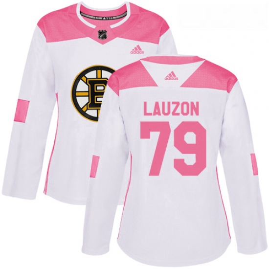 Womens Adidas Boston Bruins 79 Jeremy Lauzon Authentic WhitePink Fashion NHL Jersey