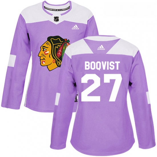 Womens Adidas Chicago Blackhawks 27 Adam Boqvist Authentic Purple Fights Cancer Practice NHL Jersey