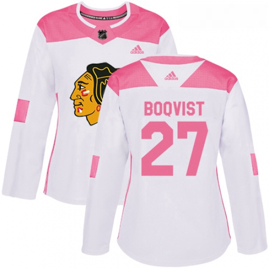 Womens Adidas Chicago Blackhawks 27 Adam Boqvist Authentic White Pink Fashion NHL Jersey