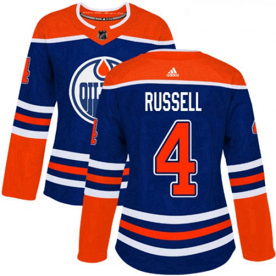 Womens Adidas Edmonton Oilers 4 Kris Russell Authentic Royal Blue Alternate NHL Jersey