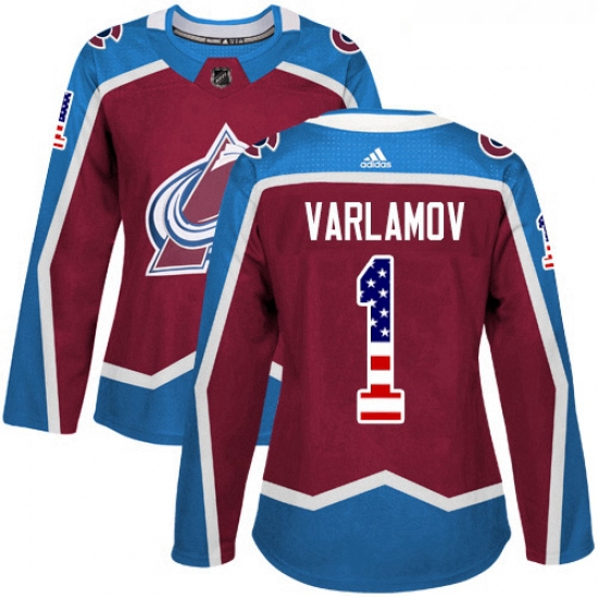 Womens Adidas Colorado Avalanche 1 Semyon Varlamov Authentic Burgundy Red USA Flag Fashion NHL Jerse