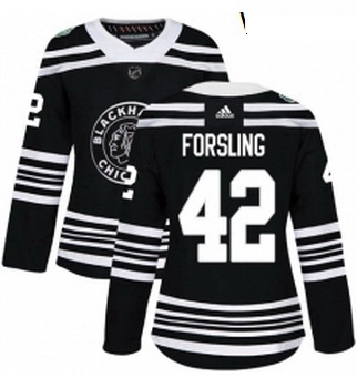 Womens Adidas Chicago Blackhawks 42 Gustav Forsling Authentic Black 2019 Winter Classic NHL Jersey