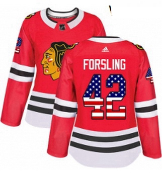 Womens Adidas Chicago Blackhawks 42 Gustav Forsling Authentic Red USA Flag Fashion NHL Jersey