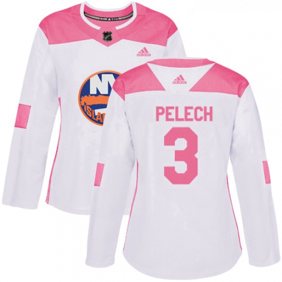 Womens Adidas New York Islanders 3 Adam Pelech Authentic White Pink Fashion NHL Jersey