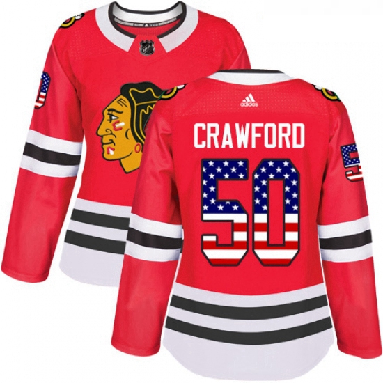 Womens Adidas Chicago Blackhawks 50 Corey Crawford Authentic Red USA Flag Fashion NHL Jersey