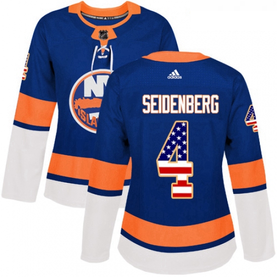 Womens Adidas New York Islanders 4 Dennis Seidenberg Authentic Royal Blue USA Flag Fashion NHL Jerse