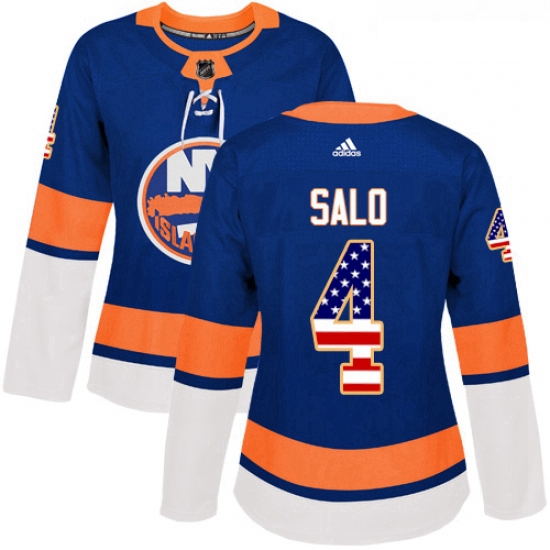 Womens Adidas New York Islanders 4 Robin Salo Authentic Royal Blue USA Flag Fashion NHL Jersey