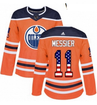 Womens Adidas Edmonton Oilers 11 Mark Messier Authentic Orange USA Flag Fashion NHL Jersey