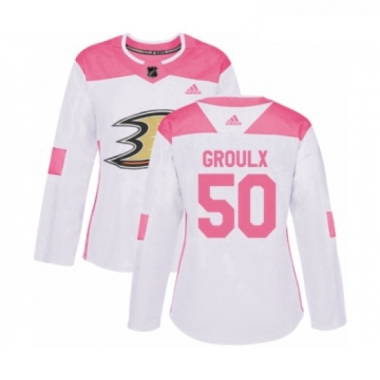 Womens Adidas Anaheim Ducks 50 Benoit Olivier Groulx Authentic White Pink Fashion NHL Jersey