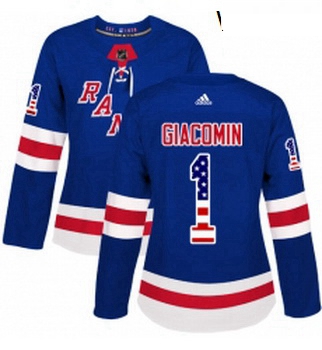 Womens Adidas New York Rangers 1 Eddie Giacomin Authentic Royal Blue USA Flag Fashion NHL Jersey