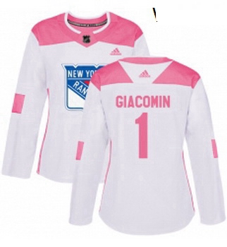 Womens Adidas New York Rangers 1 Eddie Giacomin Authentic WhitePink Fashion NHL Jersey